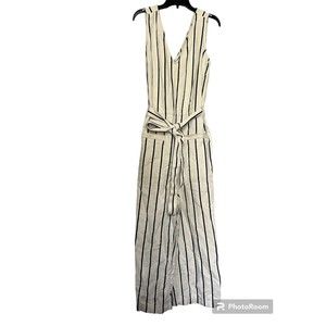 Madewell jumpsuit belted v neck‎ cream/blue stripes wide leg size L